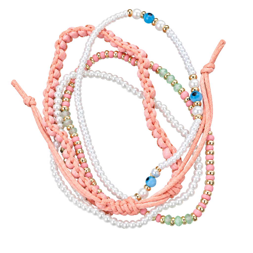 Peach & White Beaded Stretch Bracelet Set 1