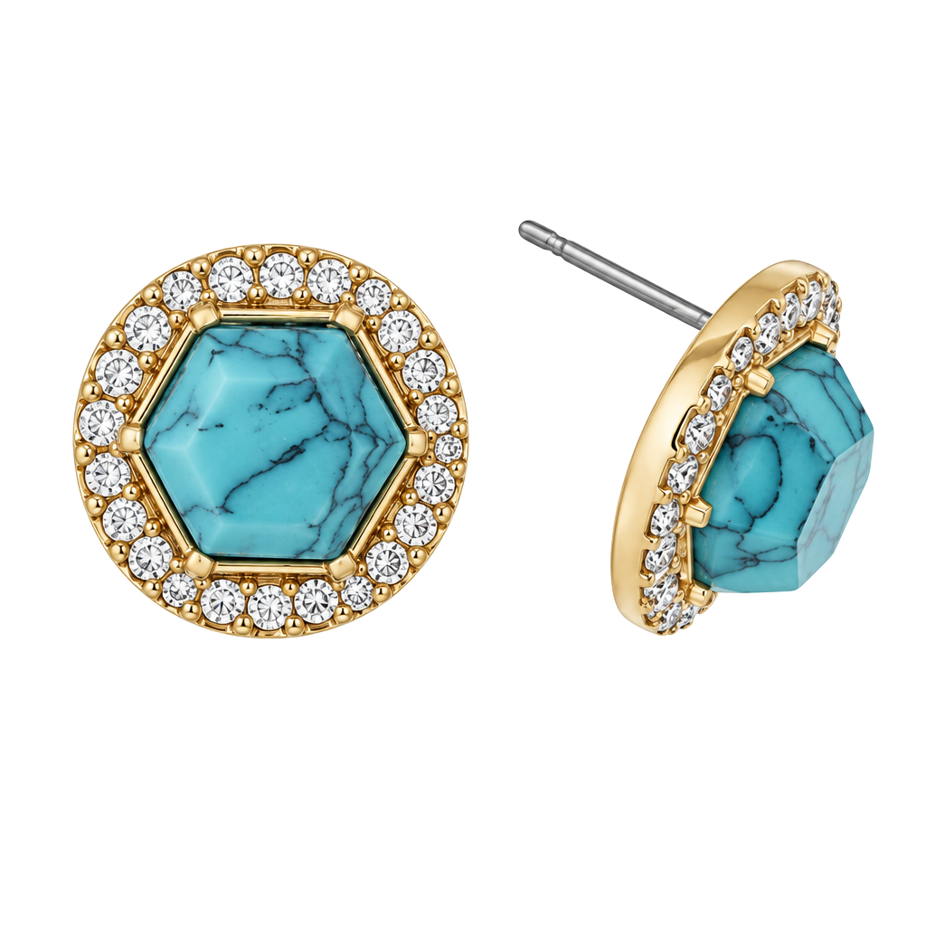 Gold Tone Hexagon & Rhinestone Halo Post Earrings- Turquoise 1