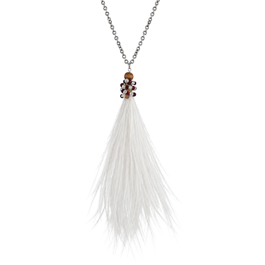 Beaded Feather Tassel Pendant Necklace- White 1