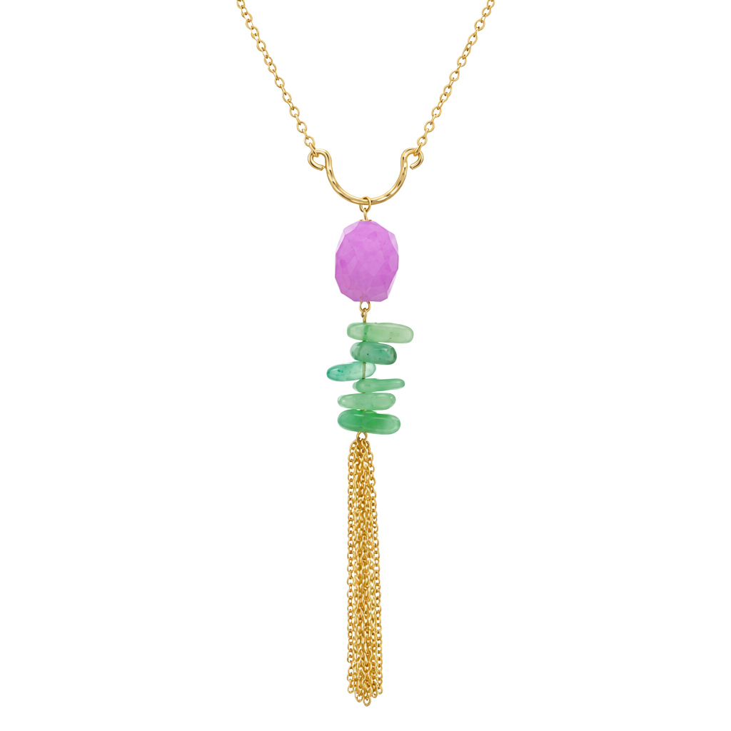 Gold Tone Stones & Chain Tassel Necklace- Purple & Green 1
