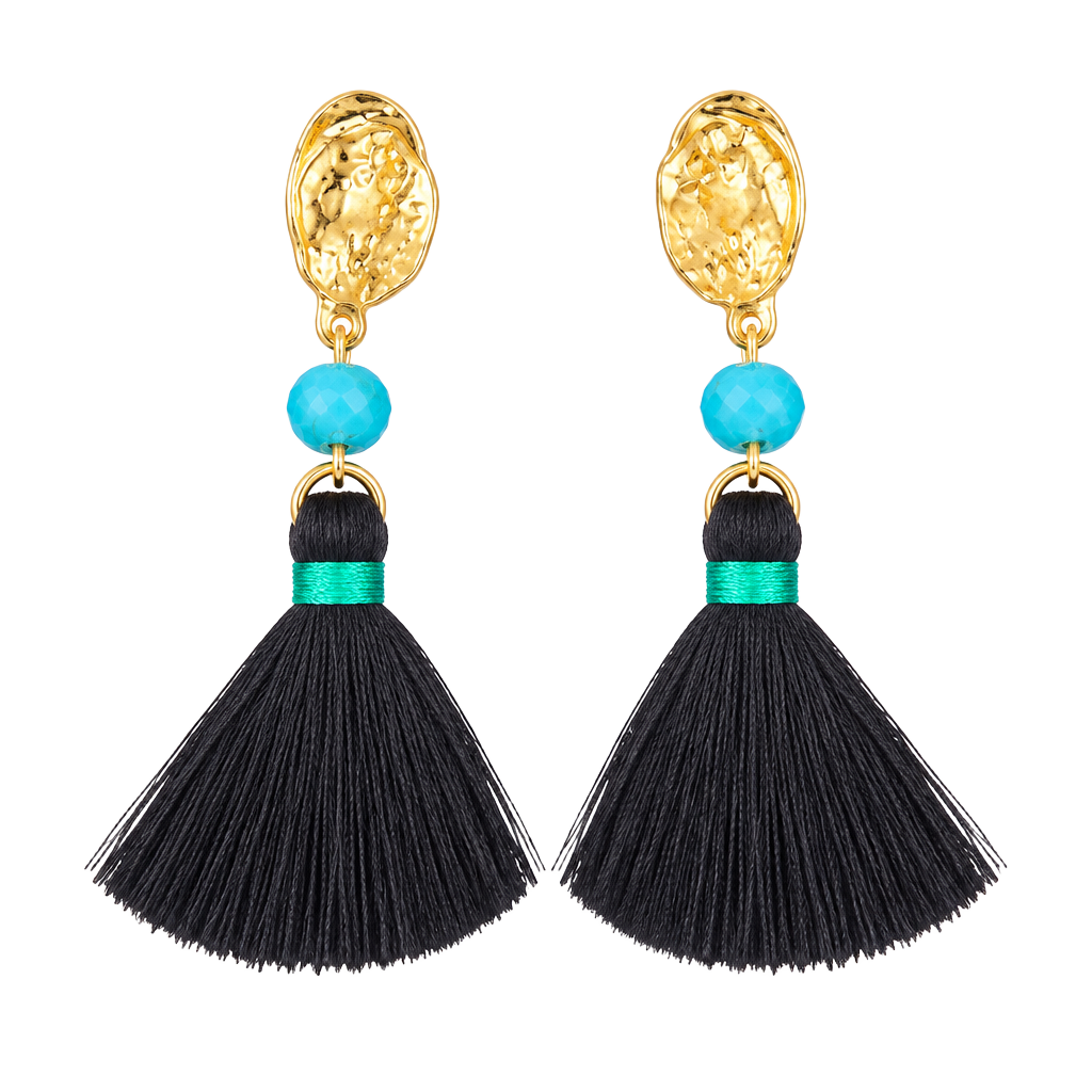 Gold Tone Tassel Earrings- Brown & Turquoise 1