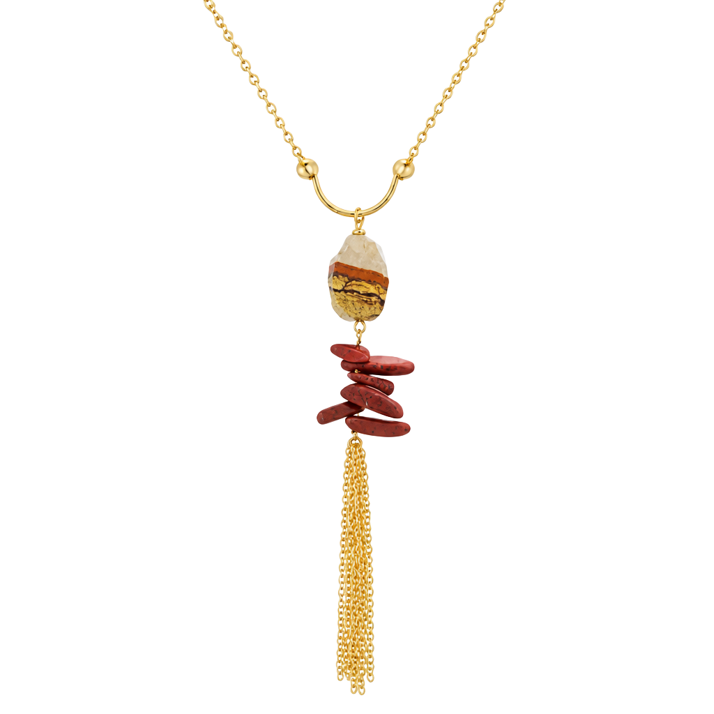 Gold Tone Stones & Chain Tassel Necklace- Beige/Brown & Rust 1