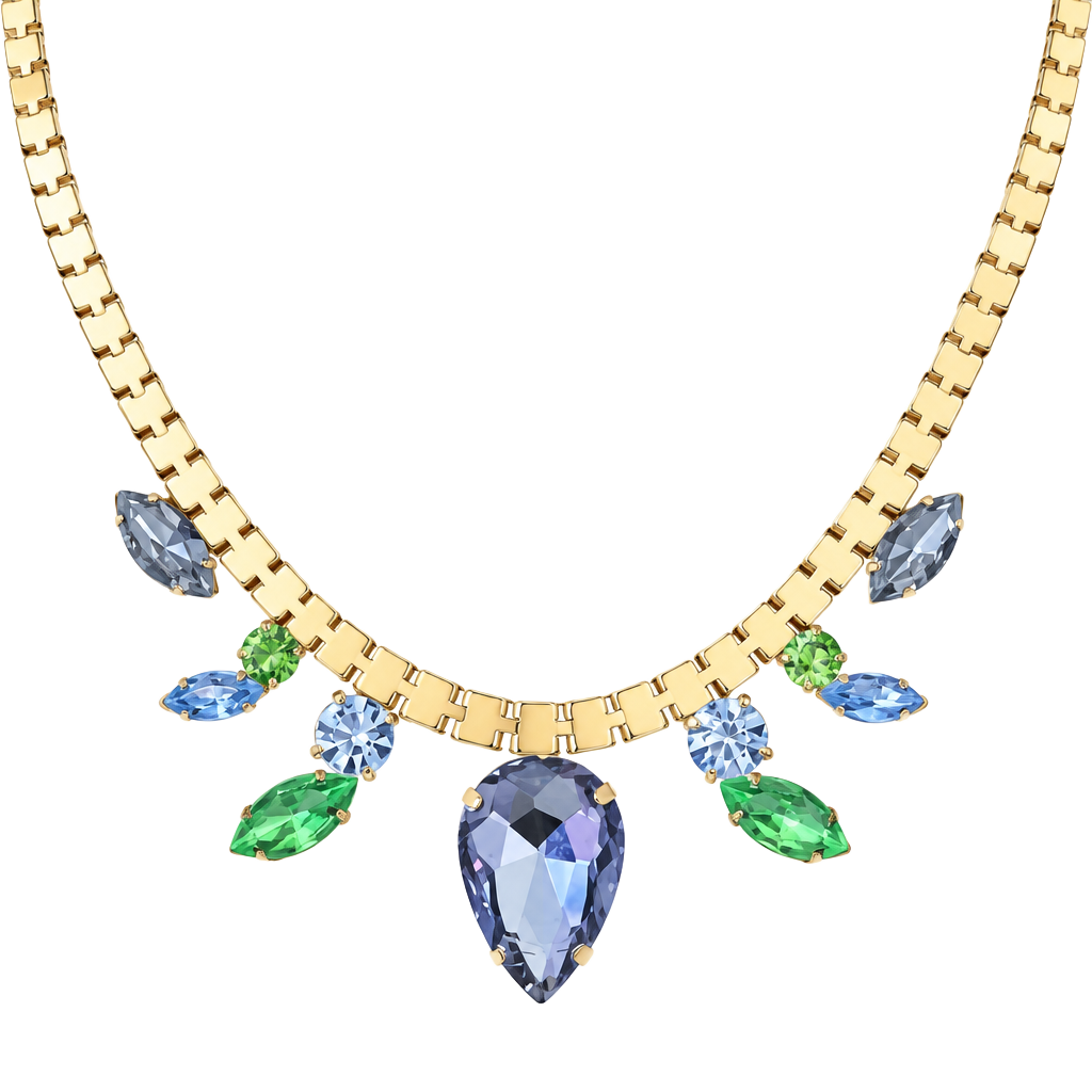 Gold Tone Blue/Green/Gray Gem Necklace 1