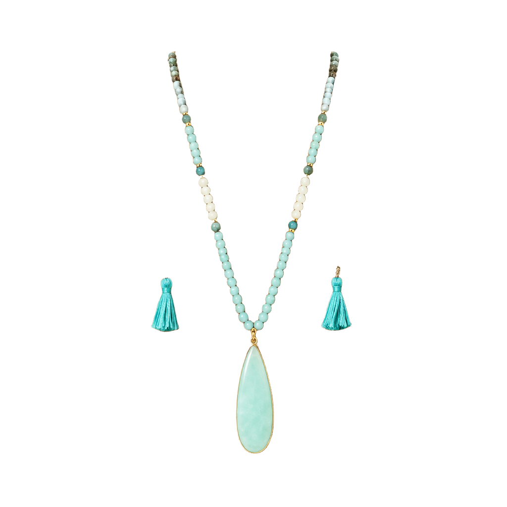 Beaded Teardrop & Tassels Necklace- Light Blue & Turquoise 1