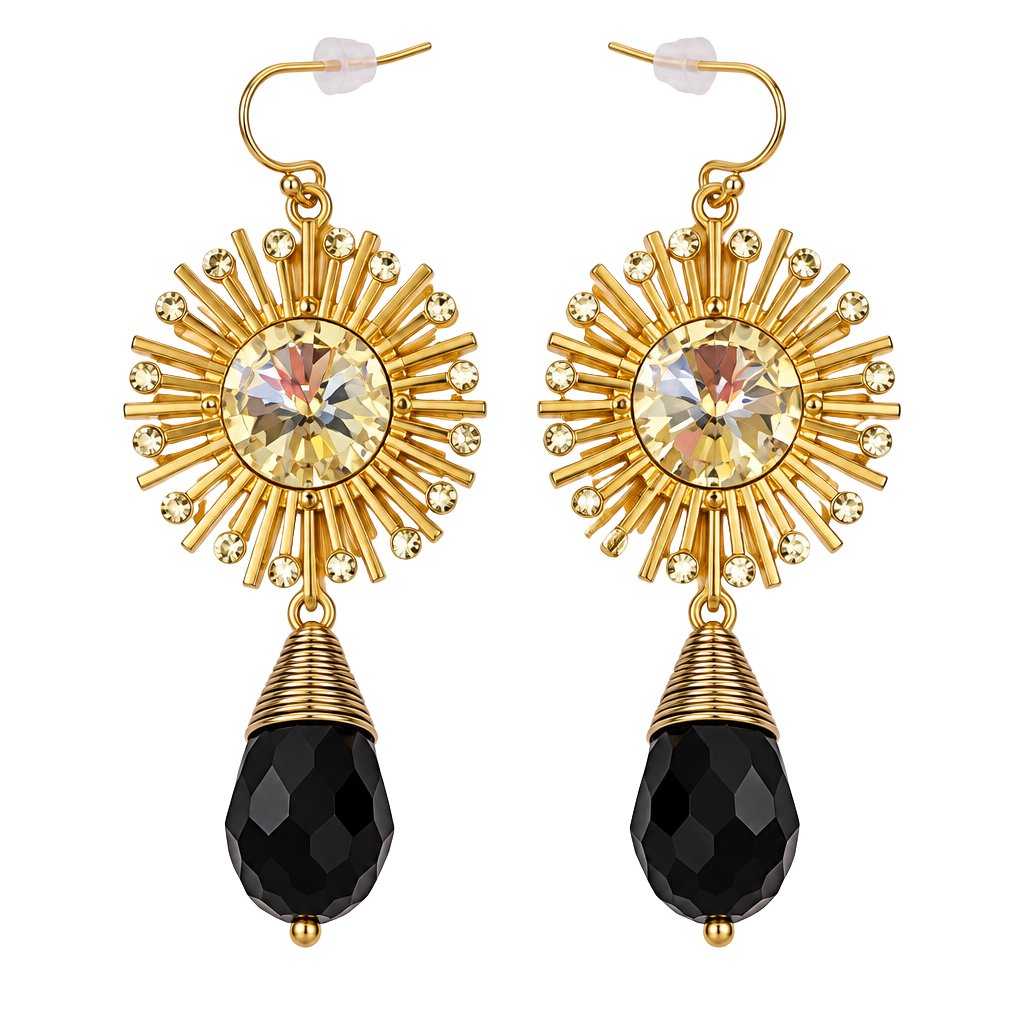 Greer Gold Sun Earrings w/Black Beads 1