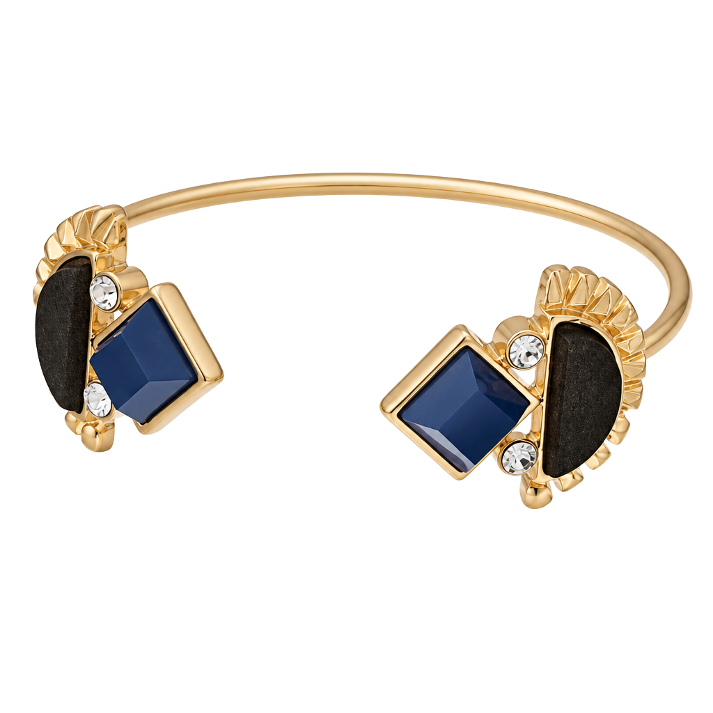 Dainty Blue and Brown Wood Geometric Cuff Bracelet 1