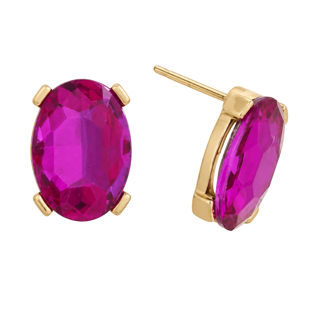 Gold Tone Oval Gem Post Earrings- Fuchsia 1