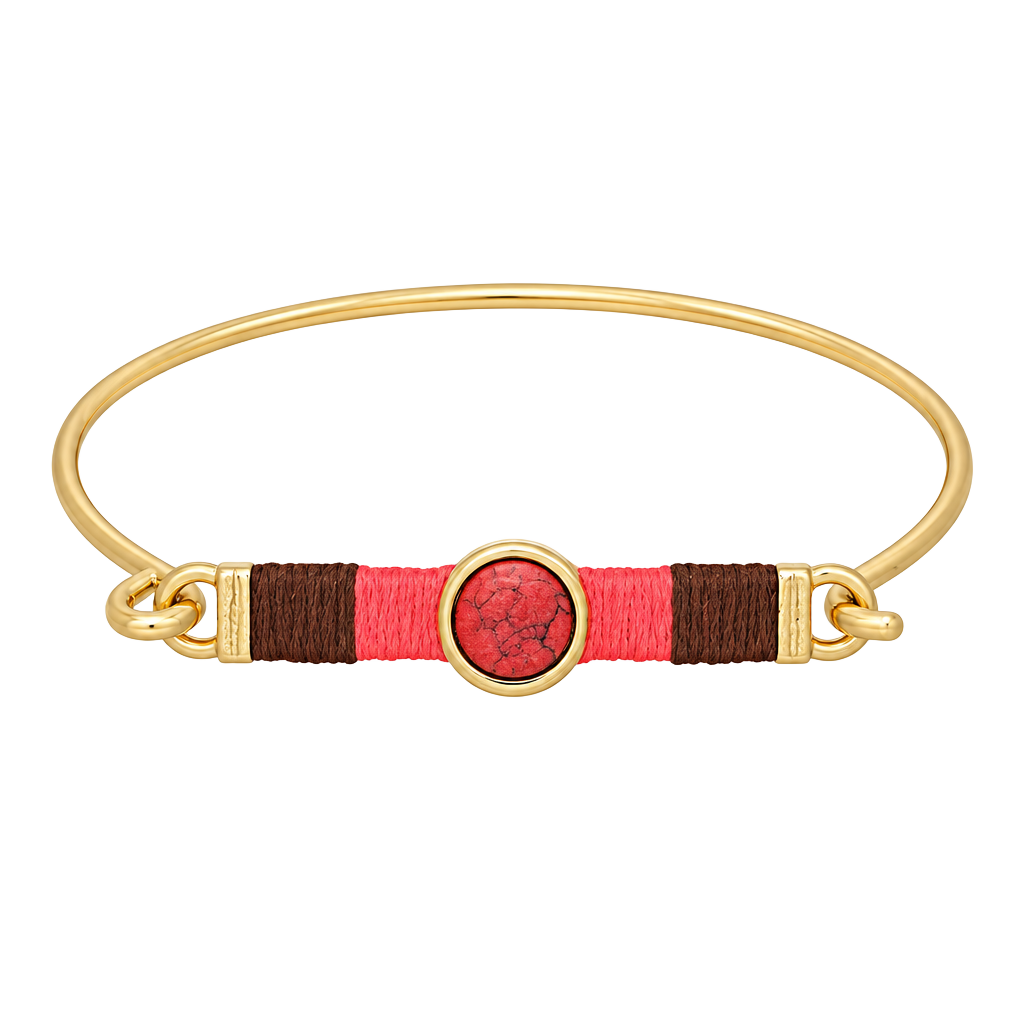 Gold Tone Threaded Bar & Stone Latch Bangle Bracelet- Red/Coral & Brown 1