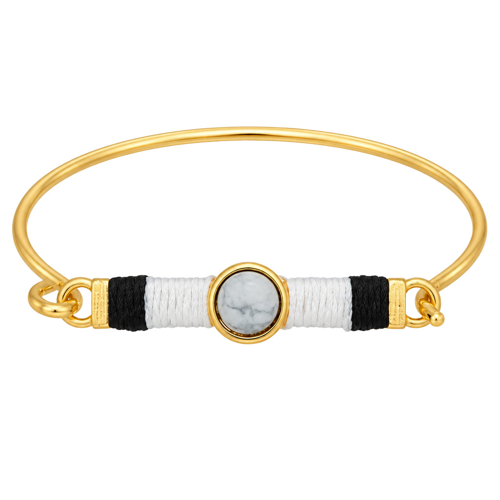 Gold Tone Threaded Bar & Stone Latch Bangle Bracelet- White & Black 1