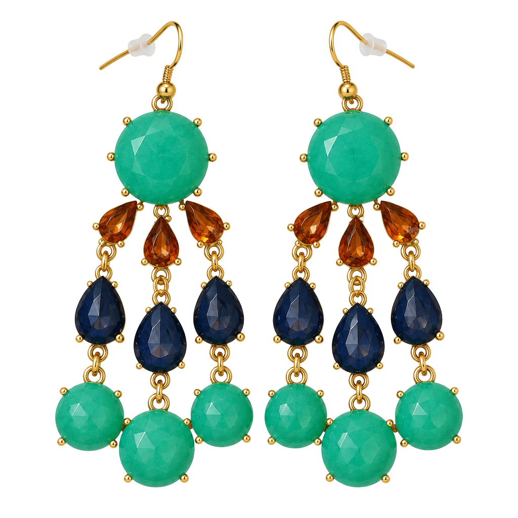 Gold Tone Mint/Navy/Amber Waterfall Statement Earrings 1