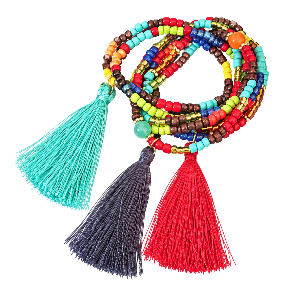 Bold Color Beads & Tassels Stretch Bracelet Set 1