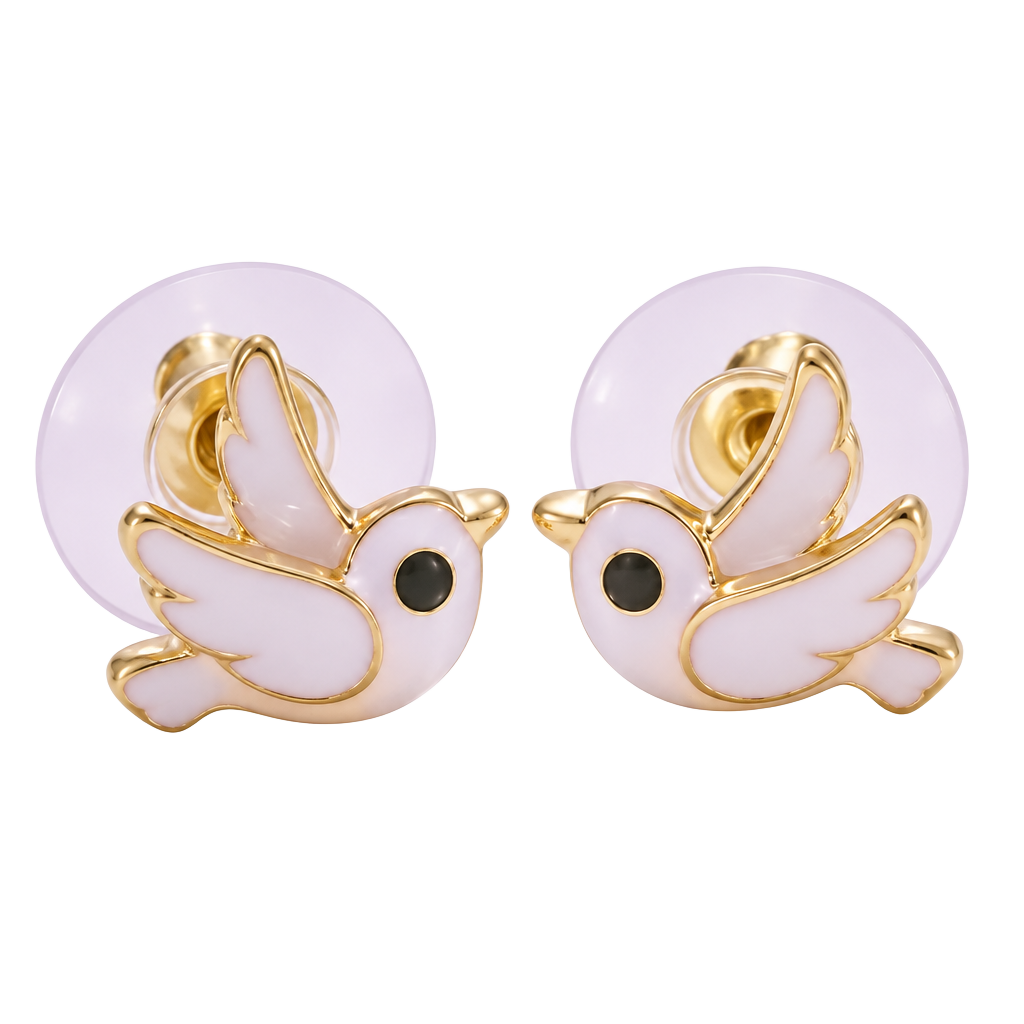 Gold Tone Bird Post Earrings- White 1