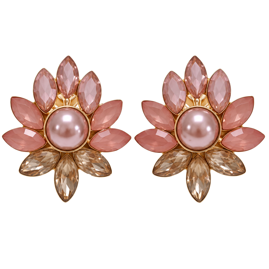 Gem Cluster Flower Post Earrings- Dusty Rose & Pink Pearl 1