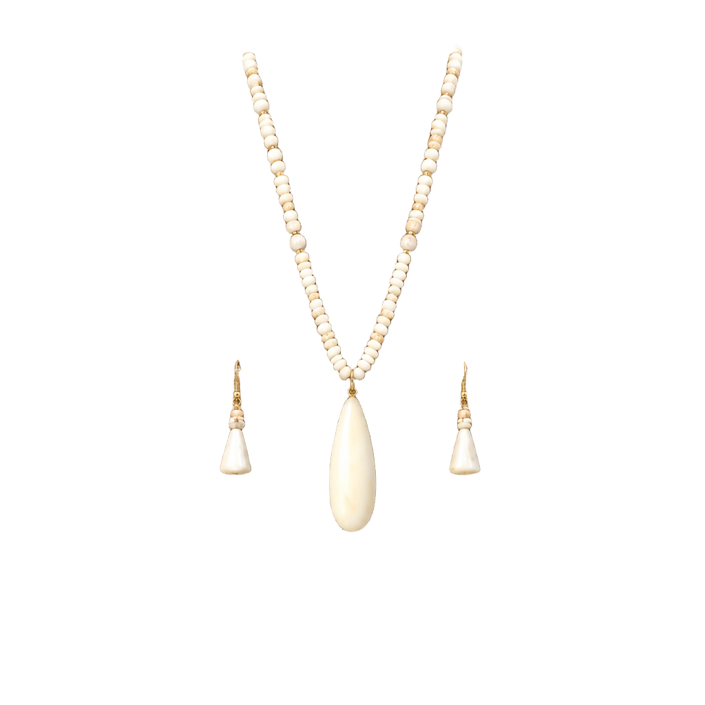 Beaded Pendant & Tassels Necklace- Ivory 1