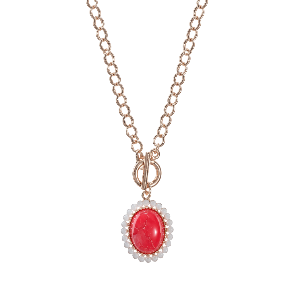 Gold Tone Oval Pendant Necklace- Red & White 1