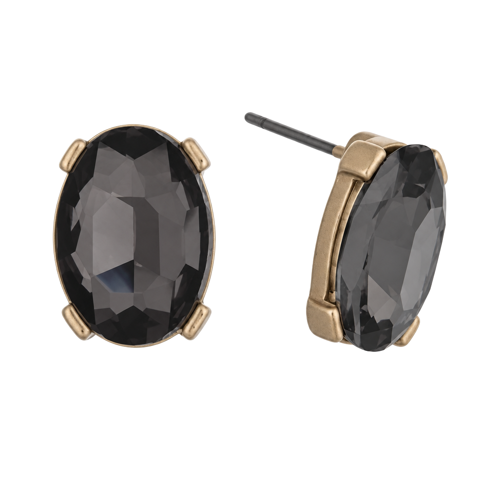 Gold Tone Oval Gem Post Earrings- Black Diamond 1