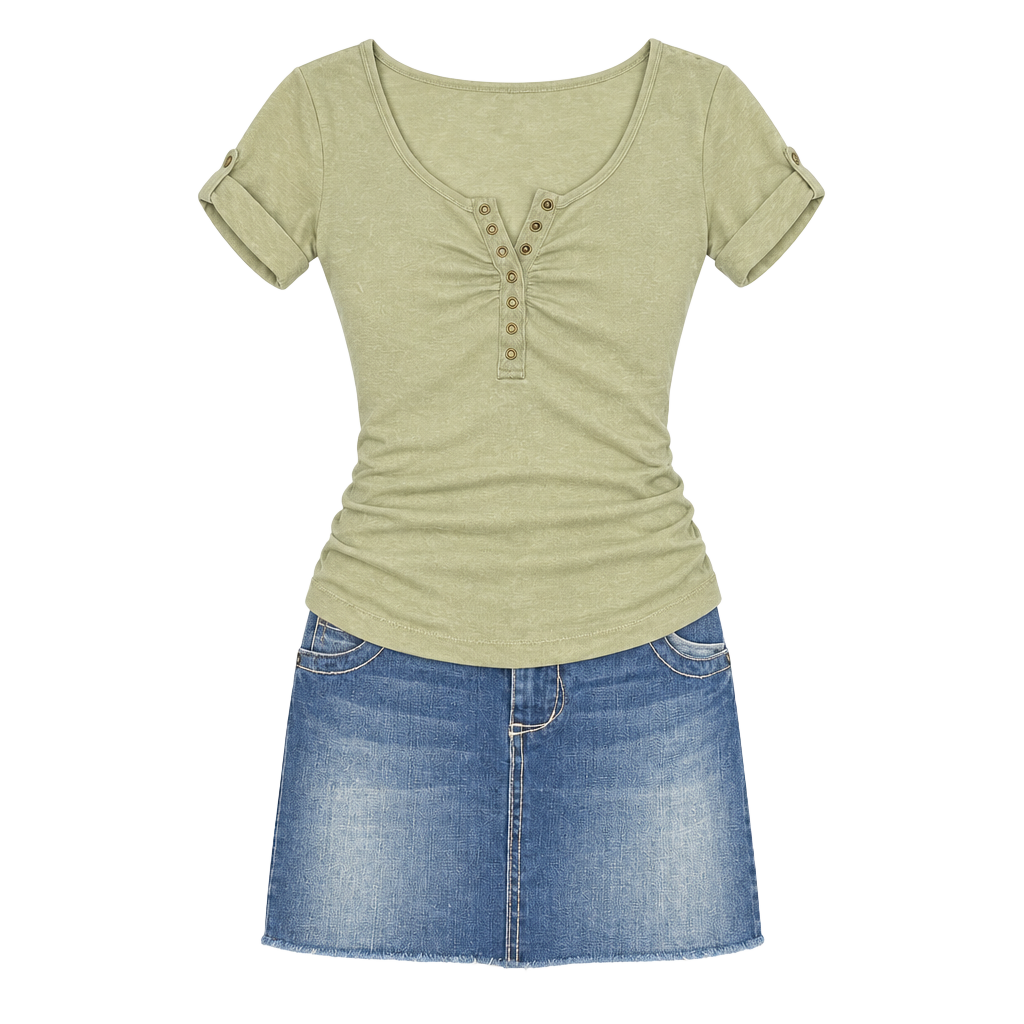 Army Green Short Button Tab Sleeve Henley Top 1