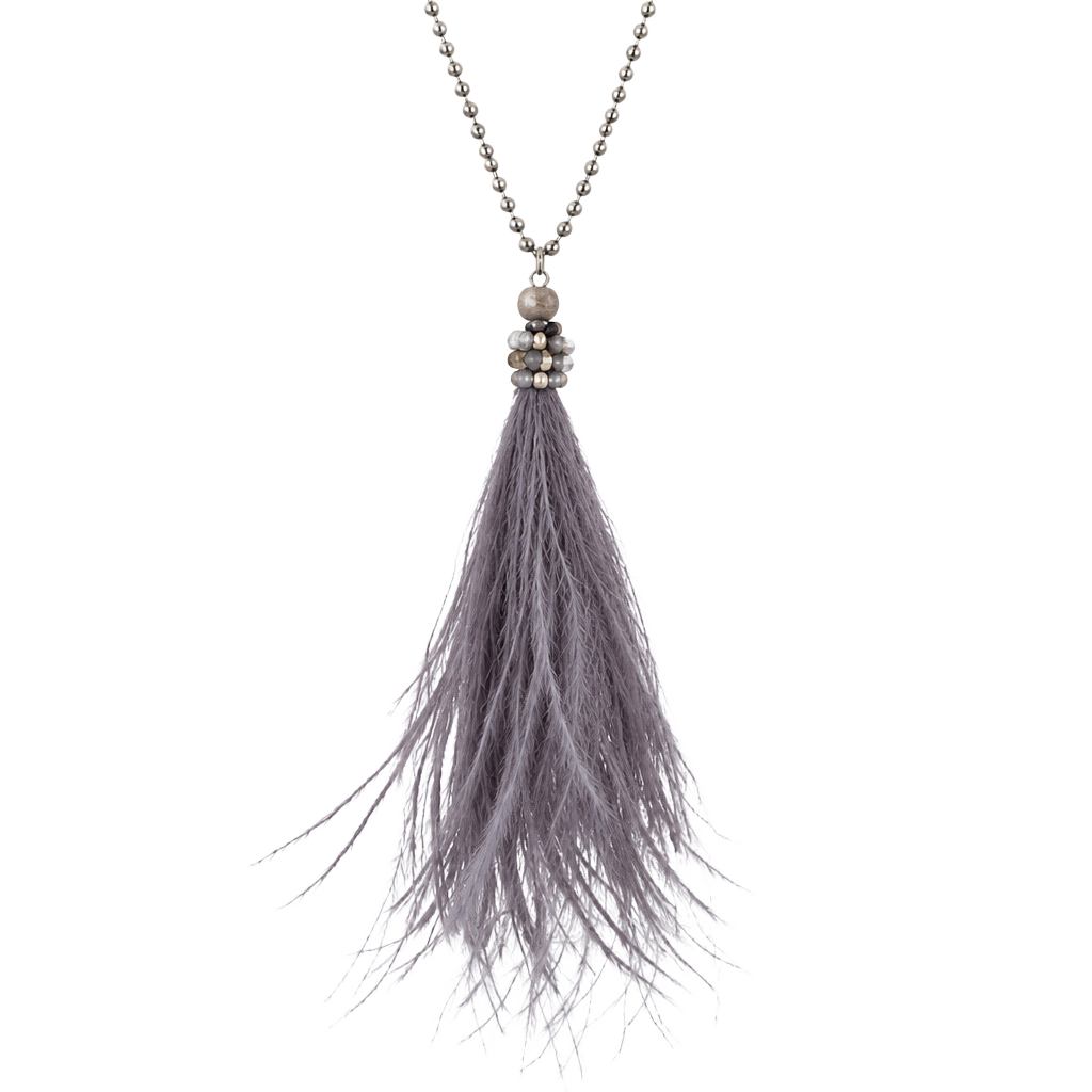 Beaded Feather Tassel Pendant Necklace- Gray 1