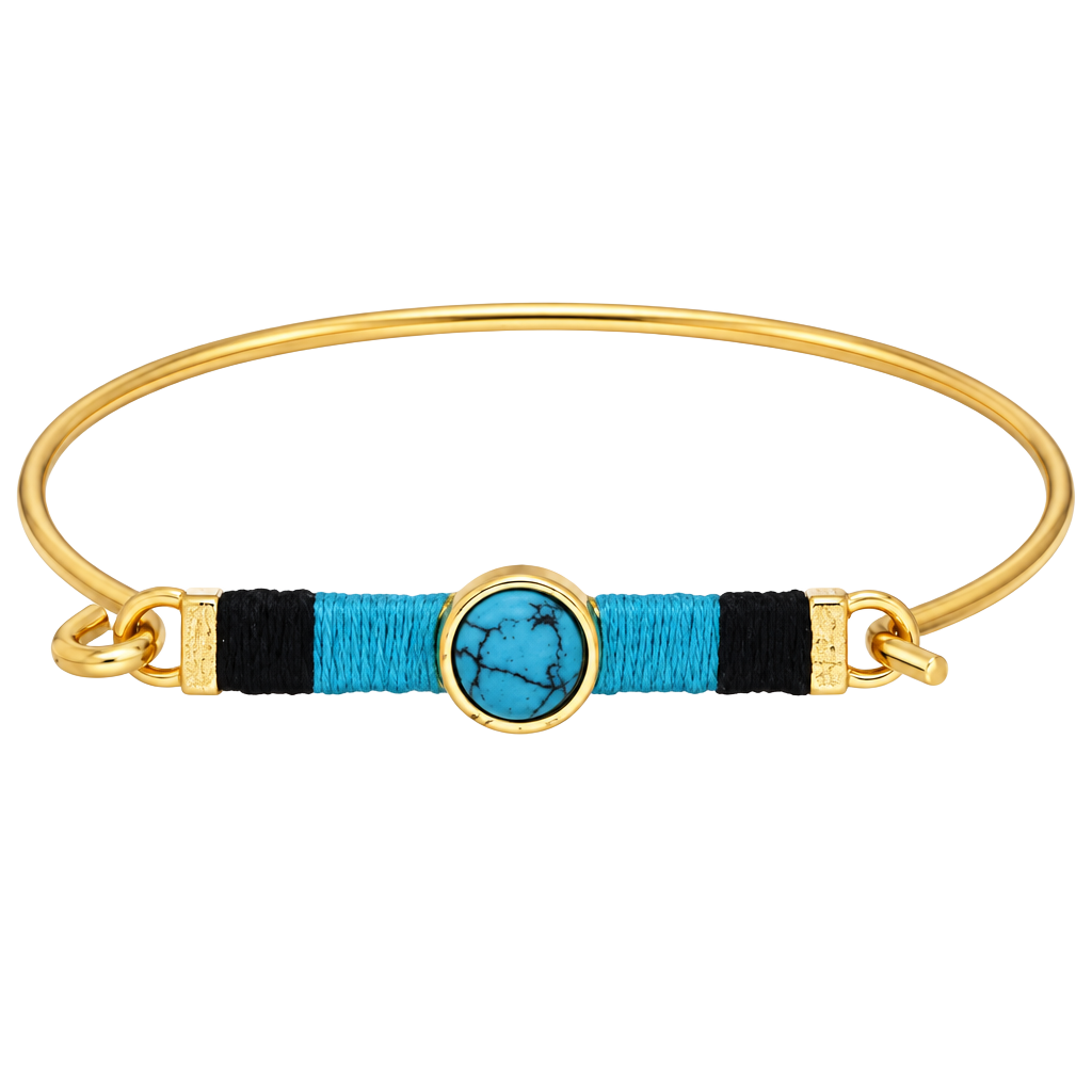 Gold Tone Threaded Bar & Stone Latch Bangle Bracelet- Turquoise & Black 1