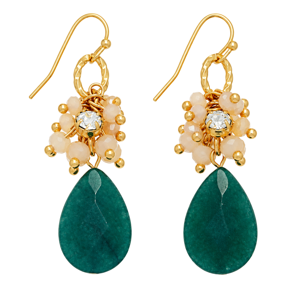 Cluster Teardrop Earrings- Hunter Green & Beige 1