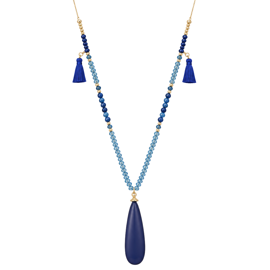 Beaded Teardrop & Tassels Necklace- Royal Blue 1