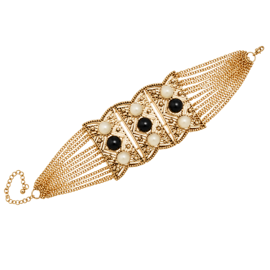 Gold Tone Beaded Chain Black & White Station Bracelet 1