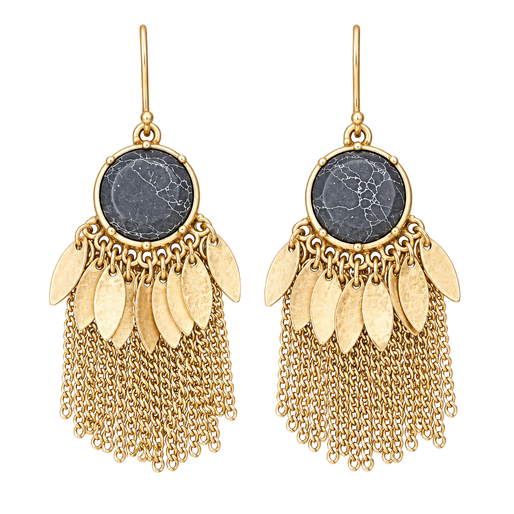 Natural Stone & Metal/Chain Fringe Earrings- Black 1