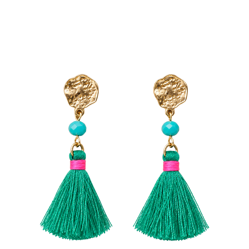 Gold Tone Tassel Earrings- Green/Fuchsia/Turquoise 1