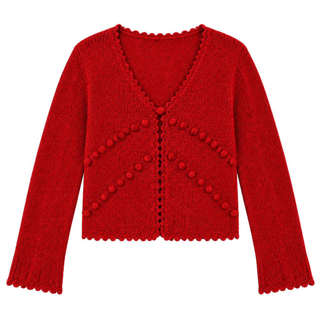 Vintage Baluchi Red Popcorn Knit Cardigan Sweater Scalloped Trim V-Neck M/L 1