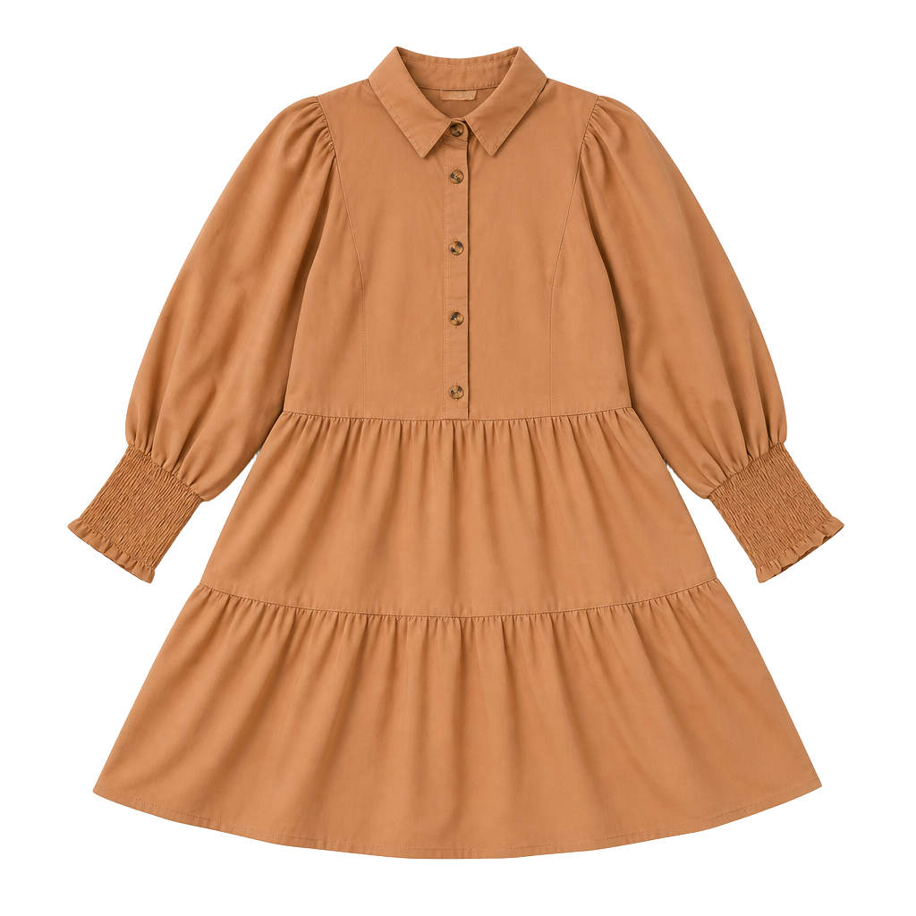 böhme Camel Tiered Collared Smocked Cuff Mini Dress Small/Medium 1