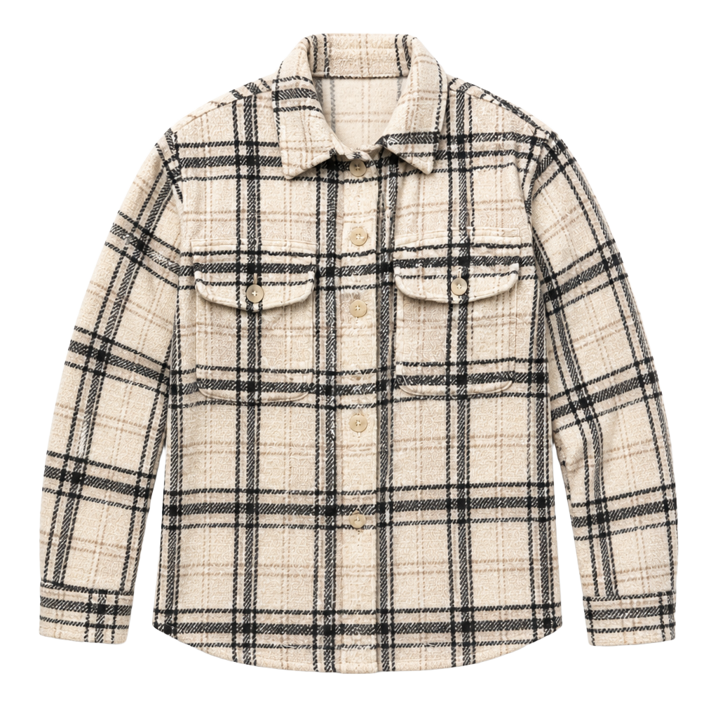 American Eagle Plaid Fleece Shacket Wms Oversized Small Off-White & Black Button Front 1