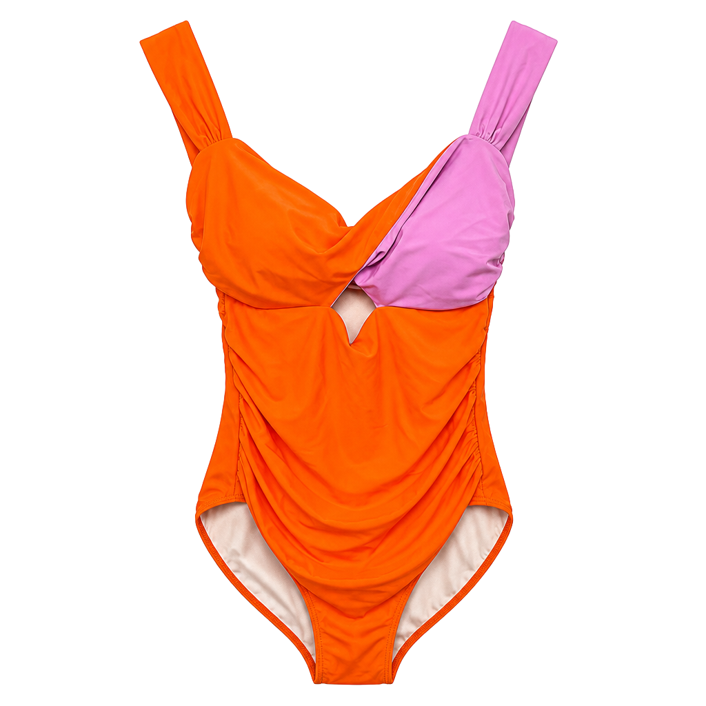 Color Block One-Piece Swimsuit, Pink & Orange, Medium (Pen on front) 1