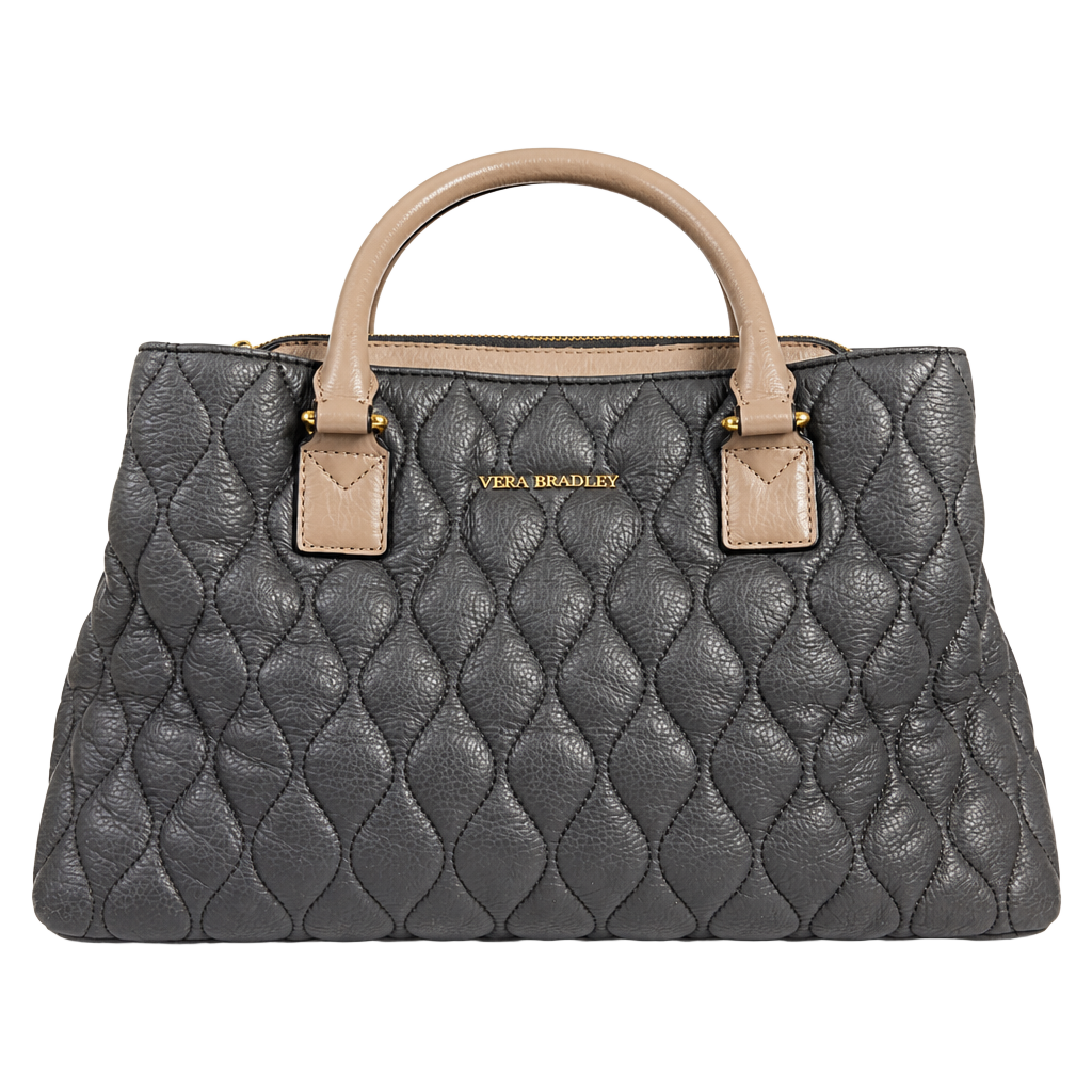 Vera Bradley Quilted Leather Satchel Tote Black Taupe Floral Lining 1
