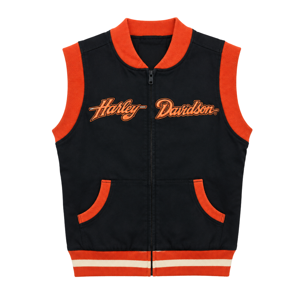 Harley Davidson Zip Up Vest Size M Black Orange Eagle Graphic 1