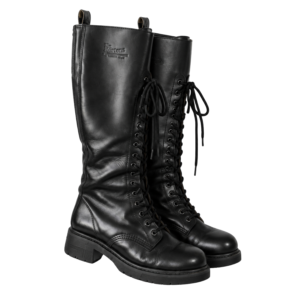 1900’s Dr. Martens 1420 20-Eye Knee High Boots Black Leather Vintage Made In England no size # 1