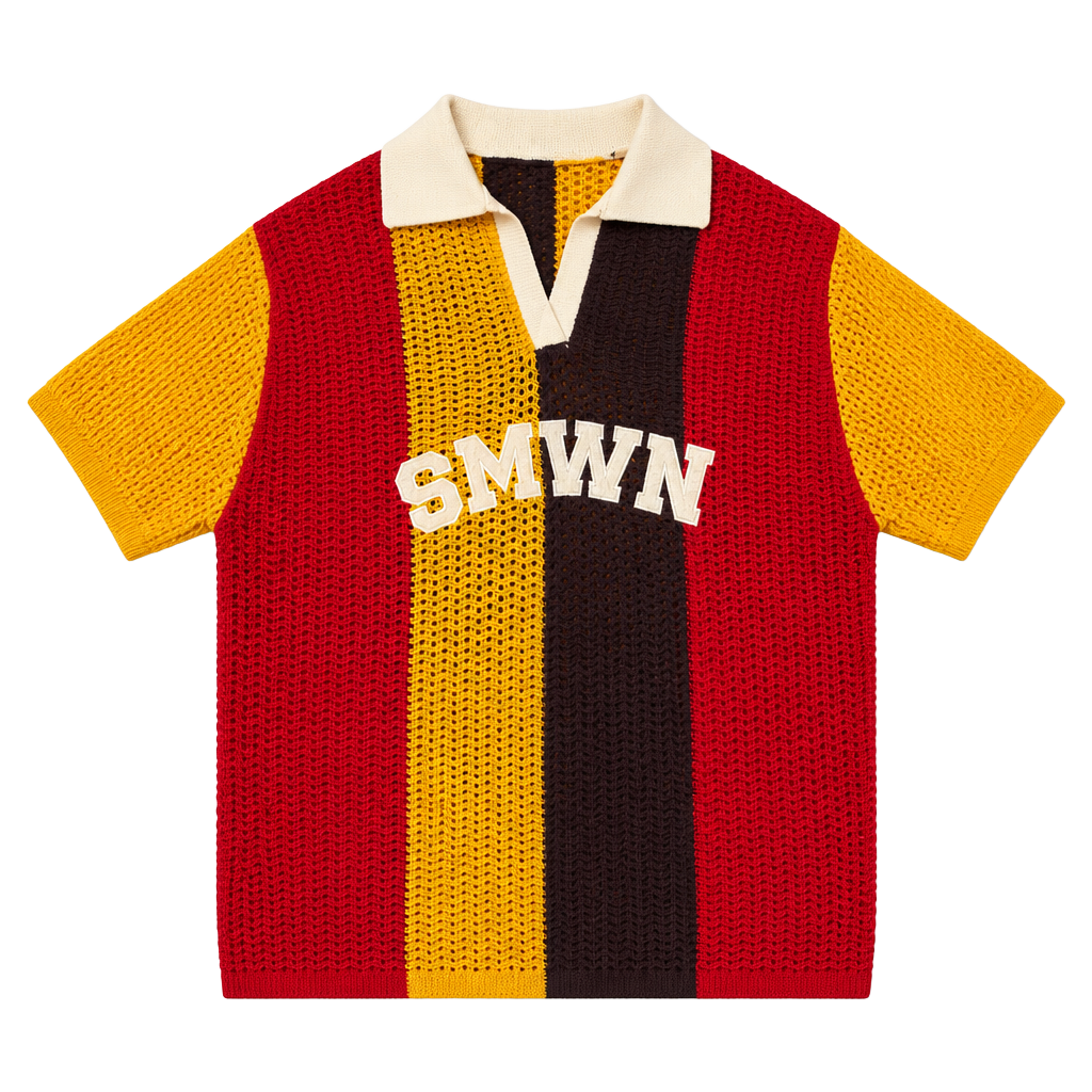 Sumwon Crochet Polo Collar Sweater Size L Multicolor Stripe Letter Logo 1