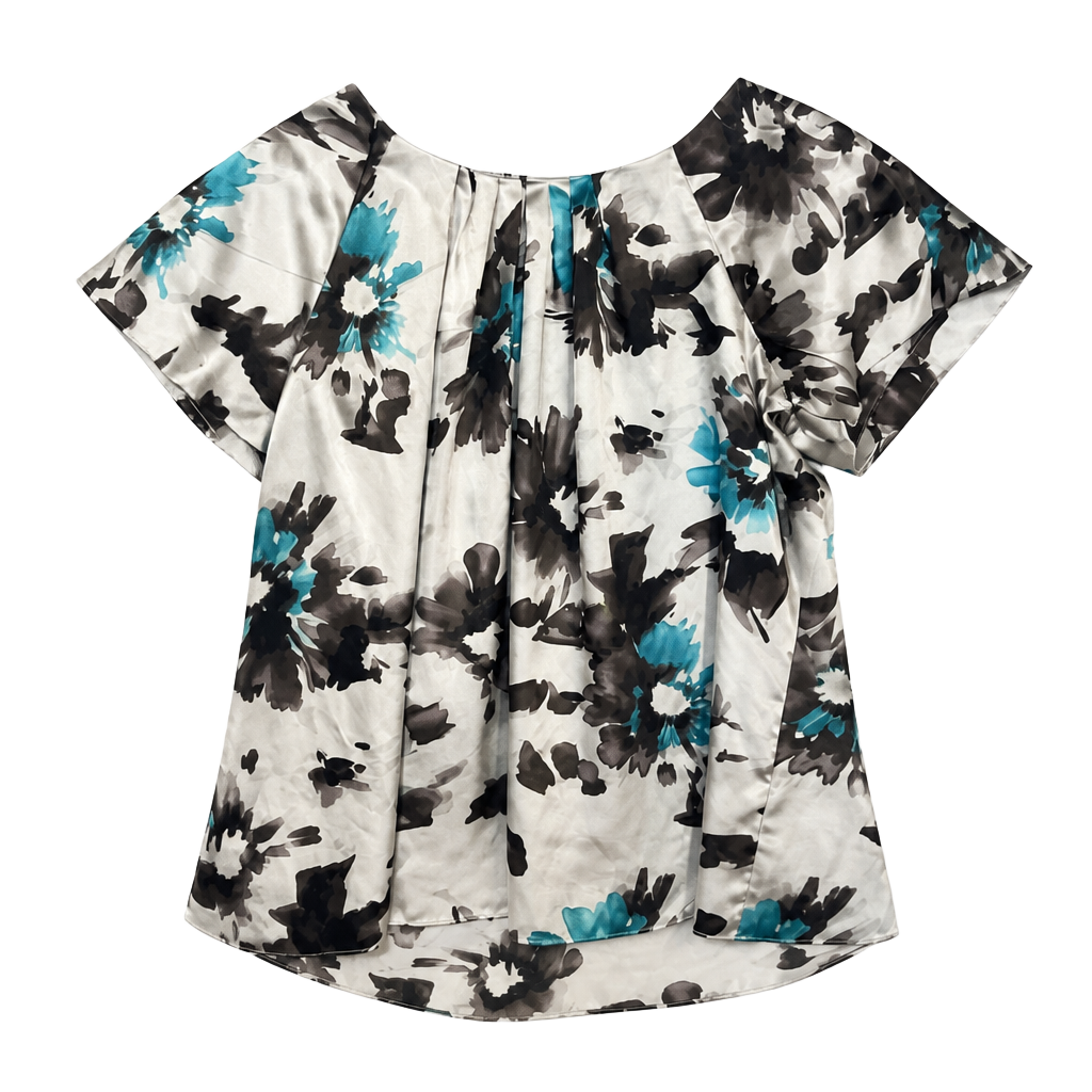 Metro 7 Floral Print Satin Short Sleeve Pleated Blouse 1