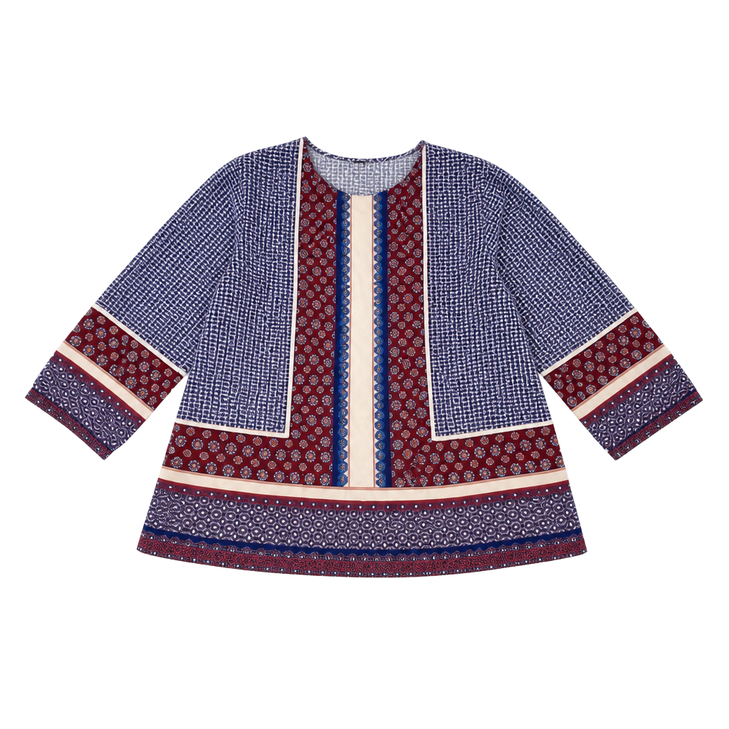 Talbots Women's Large Boho Geometric Patchwork Print Blouse Red Blue White 3/4 Sleeve 1