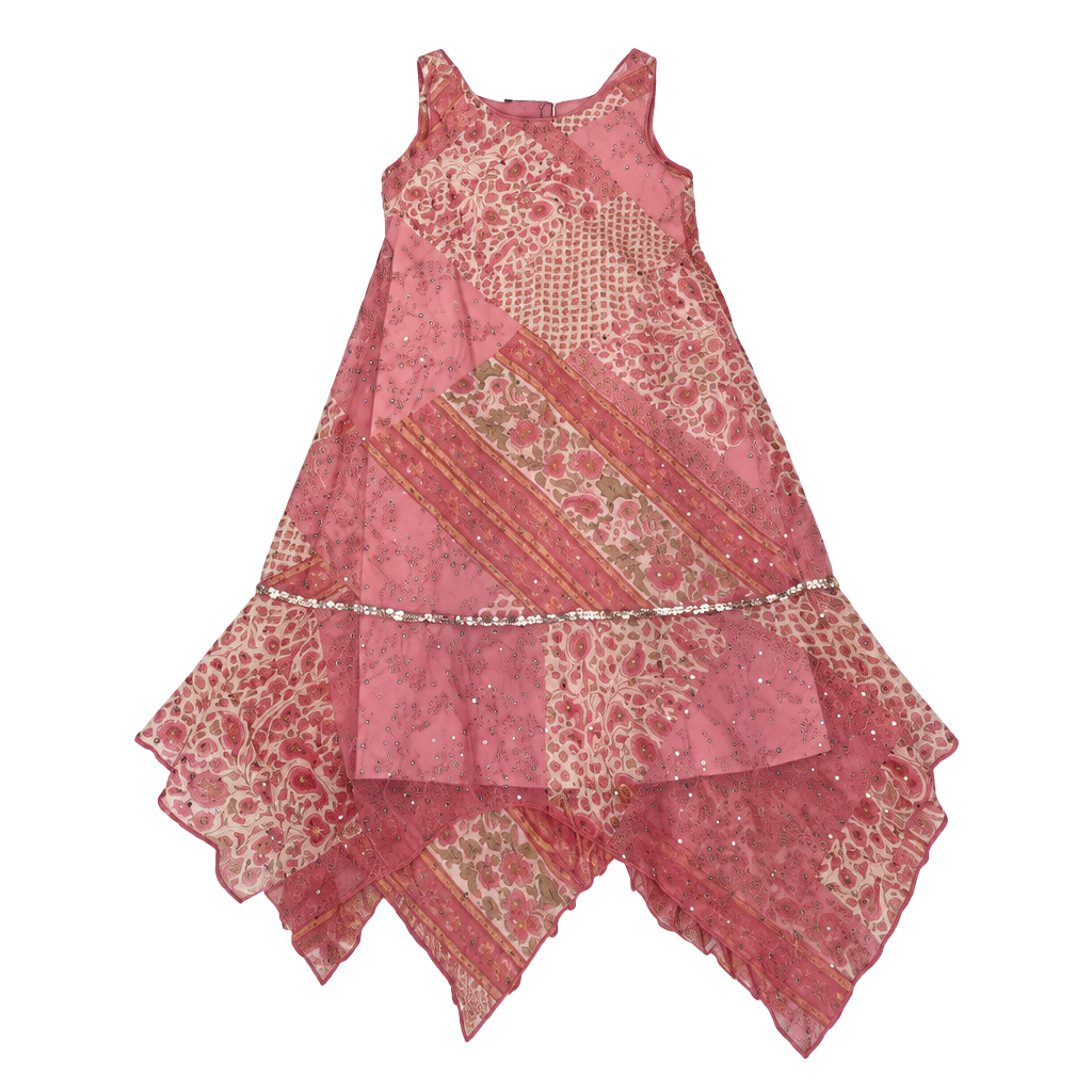 Vintage Zoey Pink Patchwork Paisley Sequin Hanky Hem Dress 1