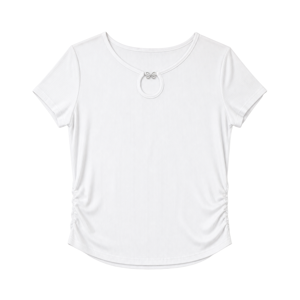 Fashion of New York White Ribbed Ruched Maternity Top with Rhinestone Butterfly Keyhole 1