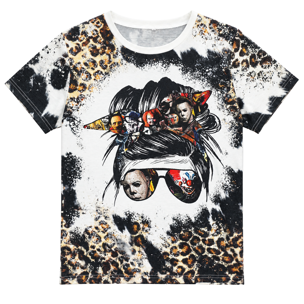 Horror Character Messy Bun Leopard T-Shirt 1
