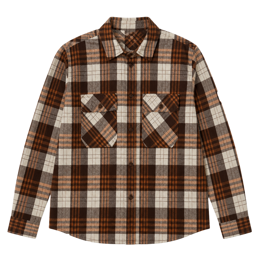 RSQ Brown White and Orange Plaid Long Sleeve Button-Down Flannel Shirt with Dual Chest Pockets 1