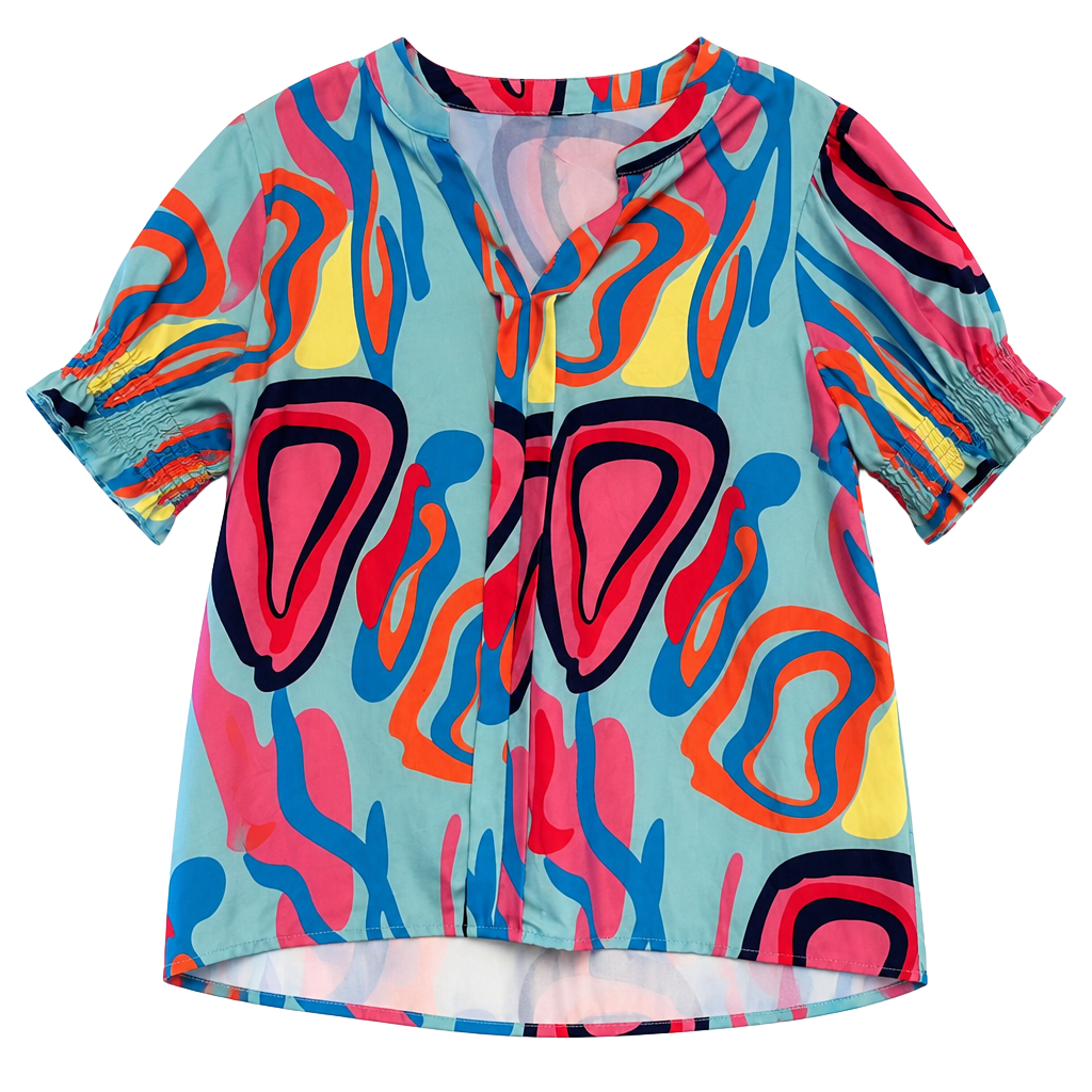 Multicolor Neon Abstract Print Smocked Puff Sleeve Blouse 1