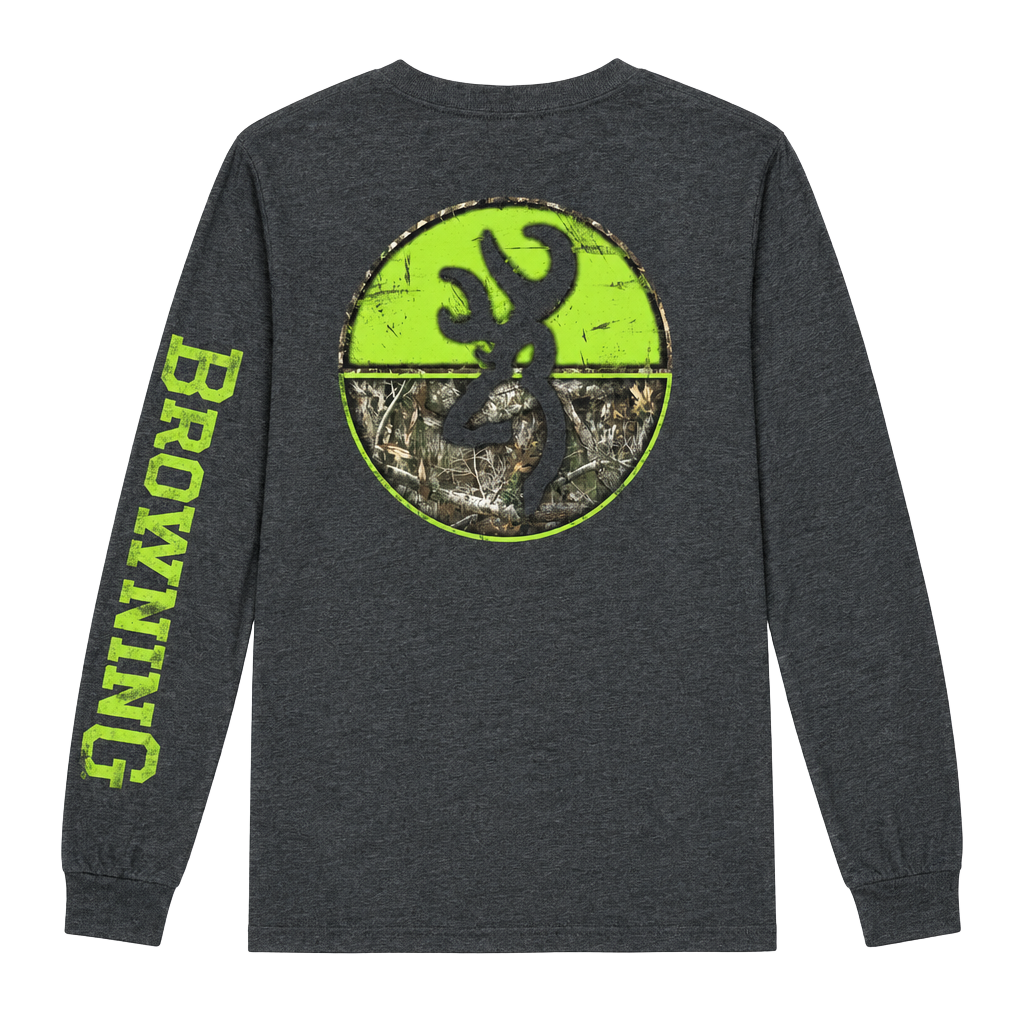 Browning Mens M Gray Long Sleeve TShirt Deer Camo Lime Green Logo ..., 1