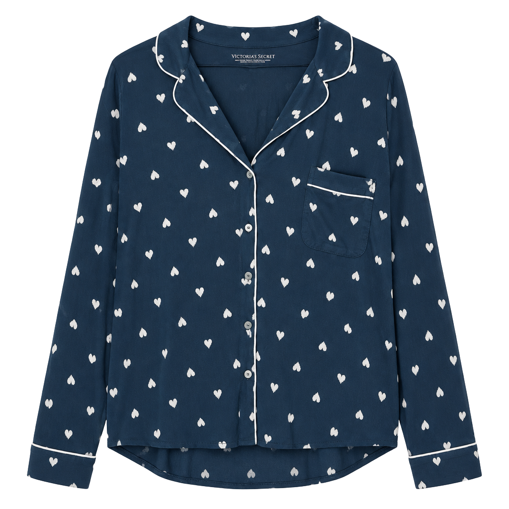 Victoria's Secret Modal Pajama Top Blue White Hearts Long Sleeve XL SHORT 1