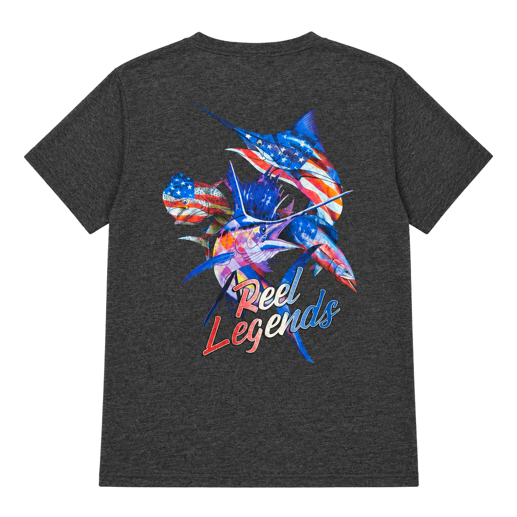 Reel Legends Graphic T-Shirt Medium Gray American Flag Fish 1