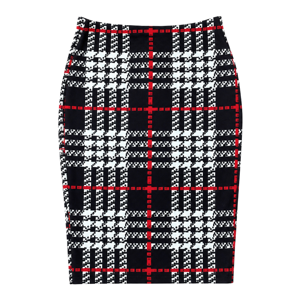 Shein Houndstooth & Plaid Print High Waisted Pencil Midi Skirt in Black/White/Red 1