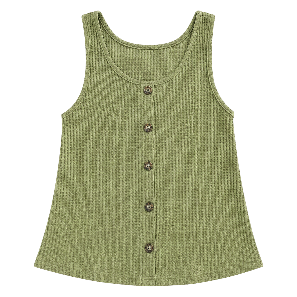 Olive Green Waffle Knit Button Front Scoop Neck Tank Top 1