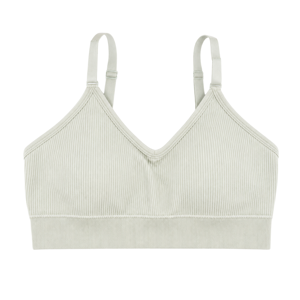 Seamless Ribbed V-Neck Adjustable Strap Sports Bralette in Light Green 1
