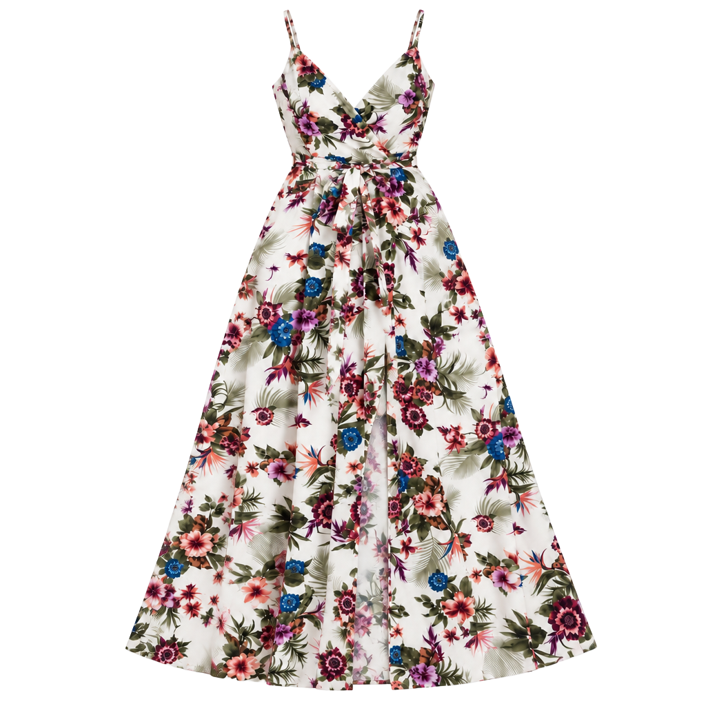IRIS Floral Maxi Dress White Tropical V-Neck Spaghetti Strap 1